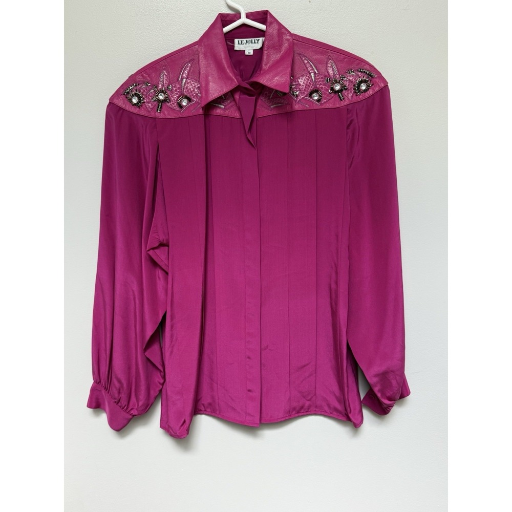 Vintage LE JOLLY Womens Silk Rattlesnake Leather Bedazzled Western Shirt 10